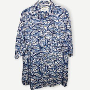 Vintage Columbia Logo Fish Print Button Down Shirt Blue White